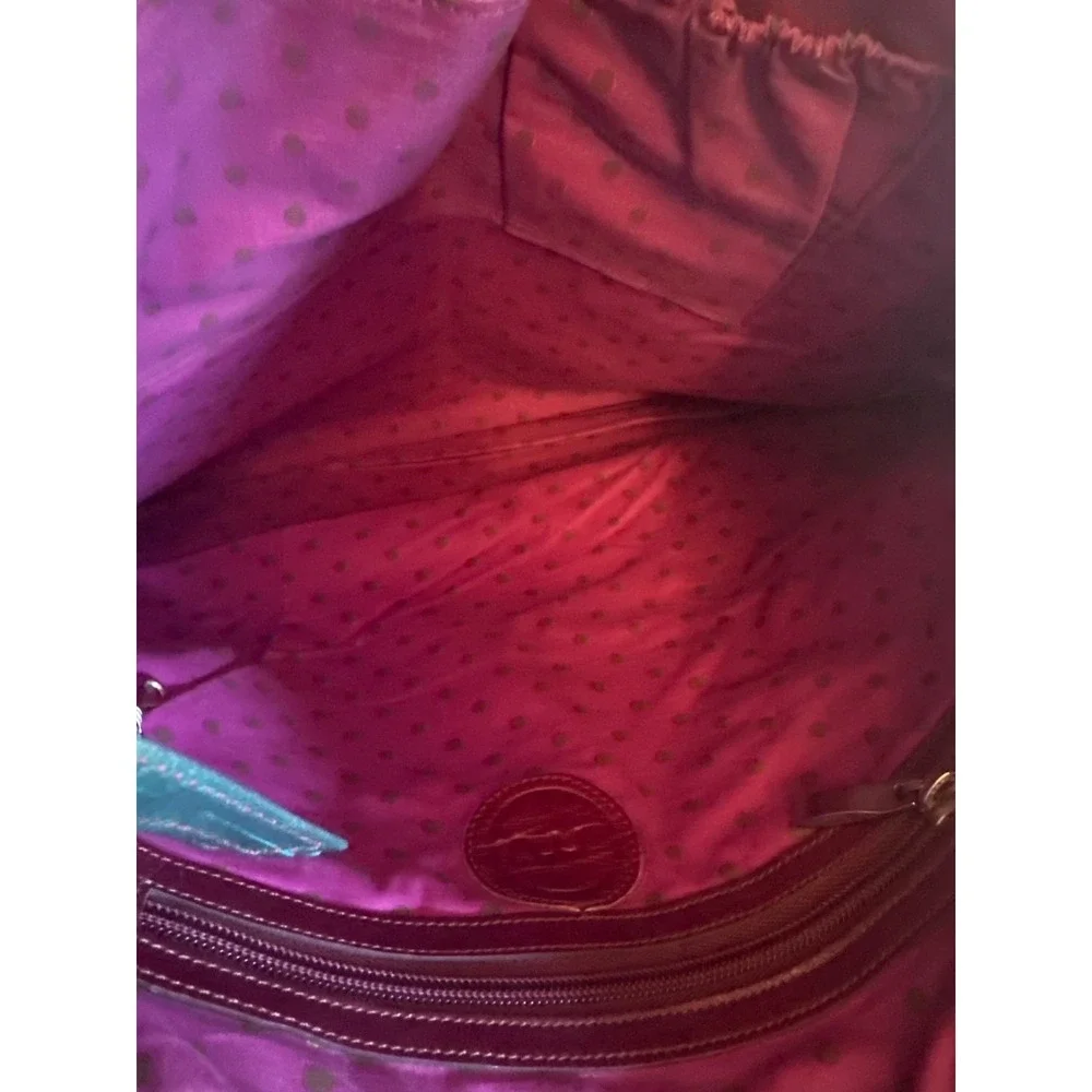 Maroon & Teal Leather‎ Bag Dual Zippered Pockets & Patterned Textile Lining